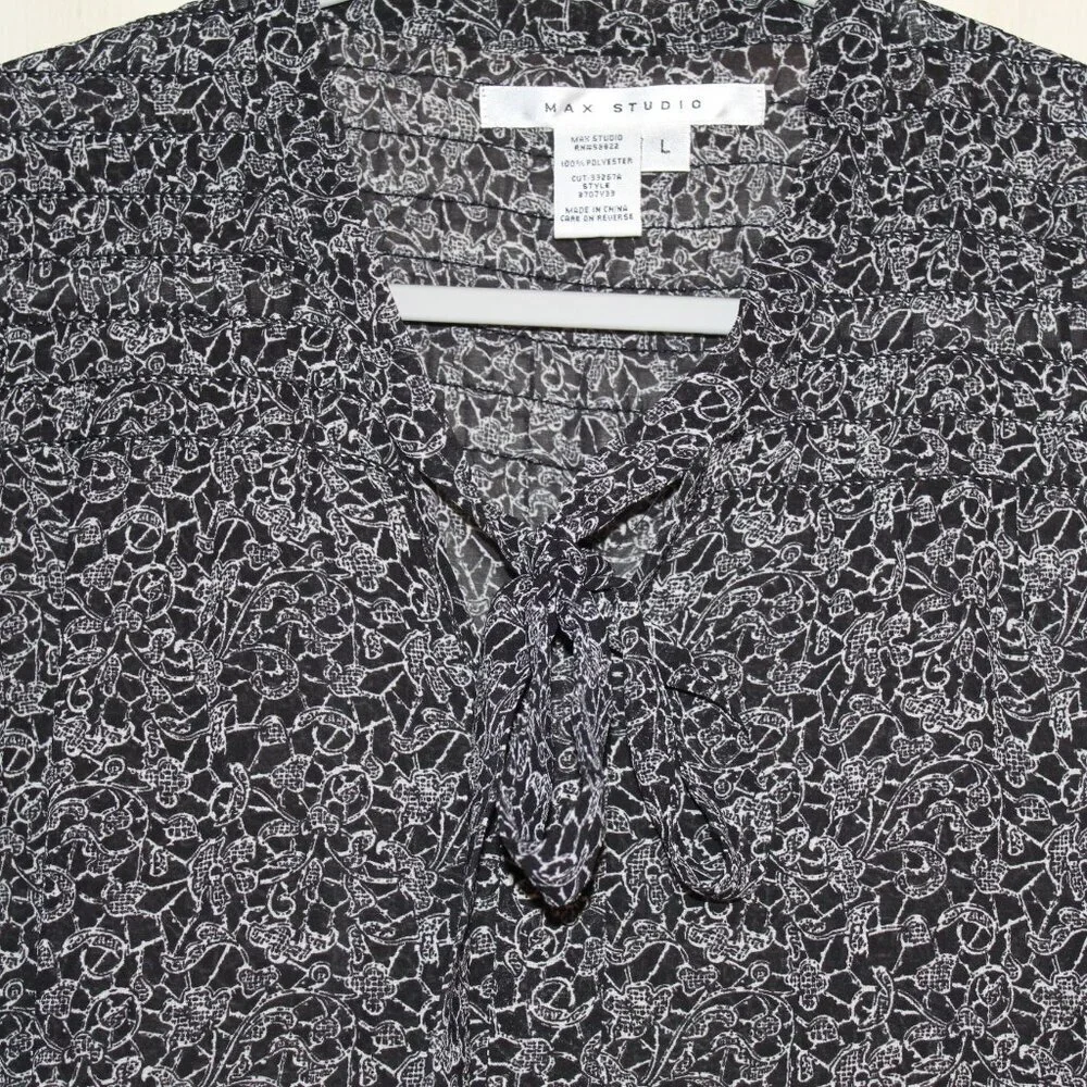 Max Studio black and white long-sleeve tie-neck tunic style blouse L - Picture 2 of 4